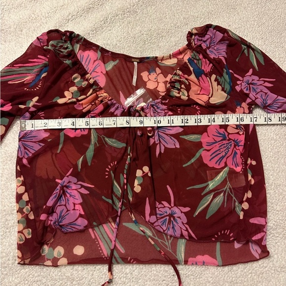 Free People Red Floral Print of Paradise Mesh Tie Front Crop Top Bell Sleeve - Picture 7 of 12